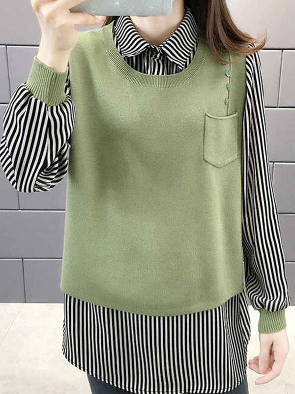 Original Loose Split-Joint 5 Colors Striped Round-Neck Long Sleeves False Two Sweater Top