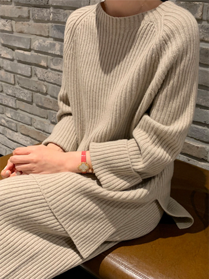 Long Sleeves Wrap Solid Color Split-Side Round-Neck Sweater Tops&Pants Suits