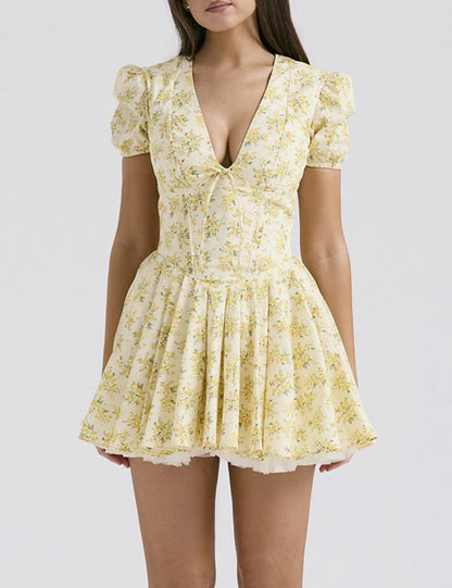 Puffy Sleeves V-Neck A Line Mini Dress