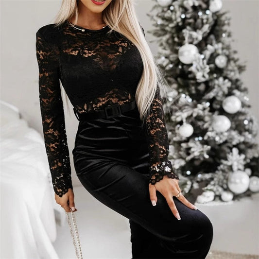 Lace Backless Slim Fit Jumpsuit With Long Sleeves