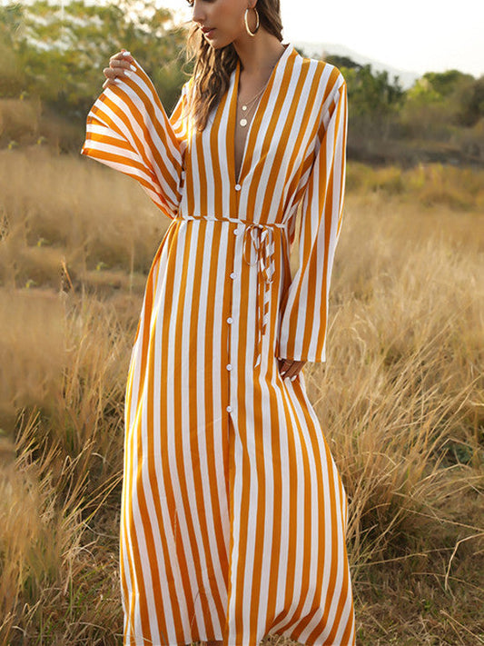 Stylish Women'S Big Striped Comfortable Ultra-Long Shirt Single-Button Edgy Shirt