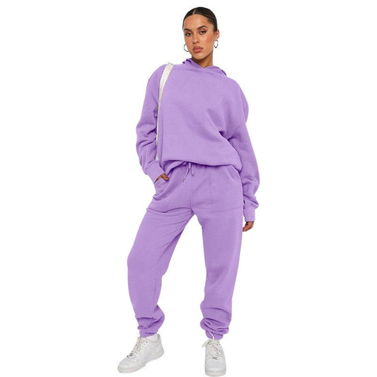 Solid Color Hooded Long Sleeve Sweatshirt Long Pants Set