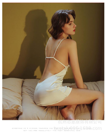 Sexy Thin Ice Silk Sling Pajamas Sexy Lace Water Soluble Flower Housewear Nightdress Woman