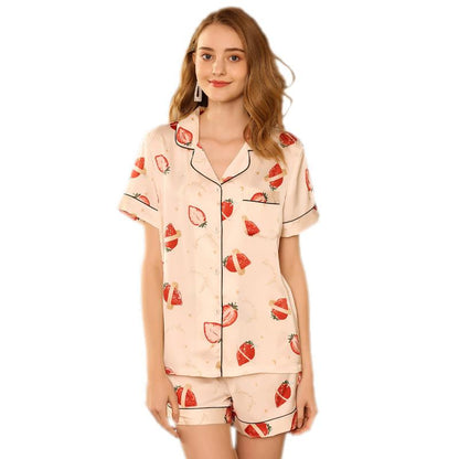 Strawberry Printed Short-Sleeved Ice Silk Pajamas Exploded In Summer Simulation Silk Shorts Ladies Sweet Home Service Two-Piece Suit