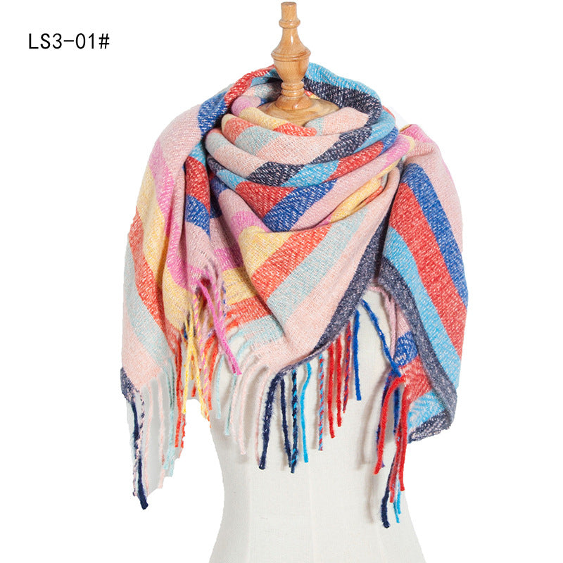 Winter Color Block Striped Tassel Square Scarf