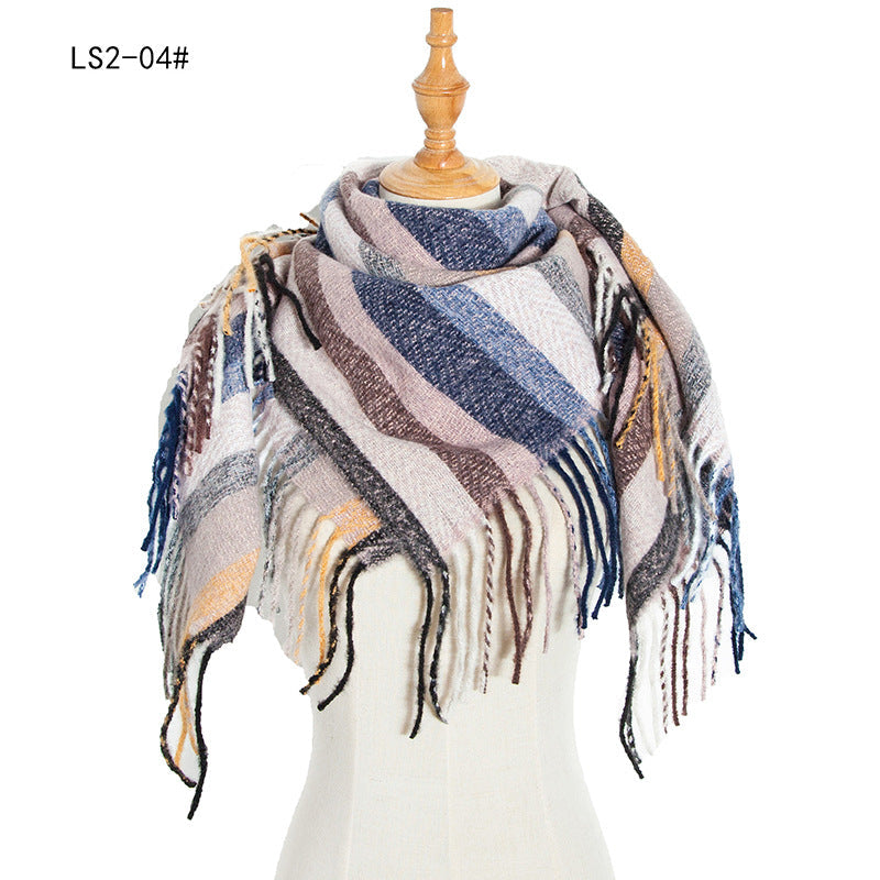 Winter Color Block Striped Tassel Square Scarf