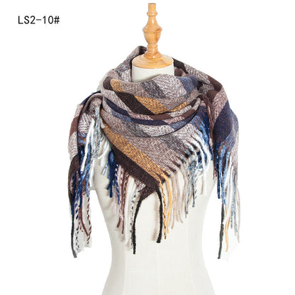 Winter Color Block Striped Tassel Square Scarf