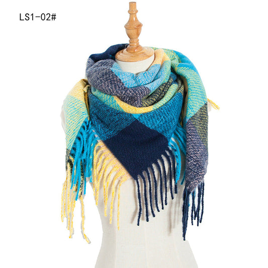 Winter Color Block Striped Tassel Square Scarf