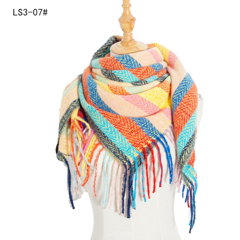 Winter Color Block Striped Tassel Square Scarf