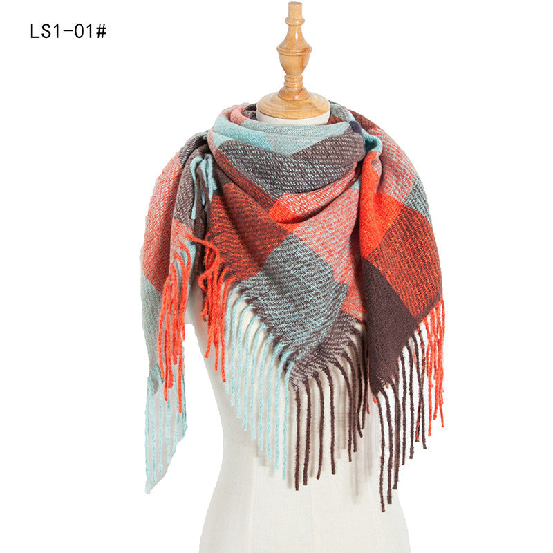 Winter Color Block Striped Tassel Square Scarf