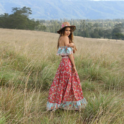 Red Off-The-Shoulder Bohemia Maxi Chiffon Floral Print Dress Beach Style Vacation Dress