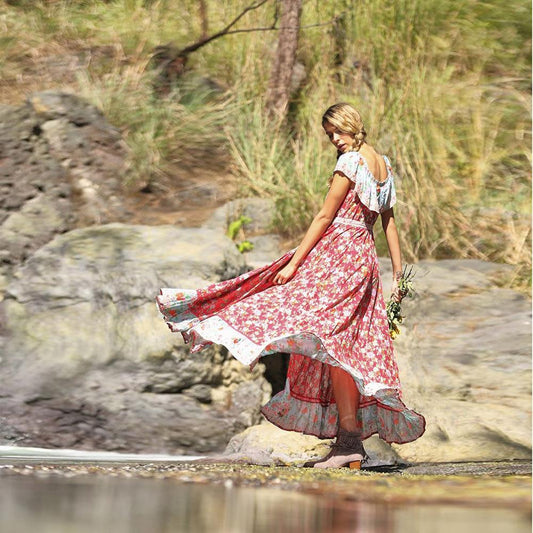 Red Off-The-Shoulder Bohemia Maxi Chiffon Floral Print Dress Beach Style Vacation Dress