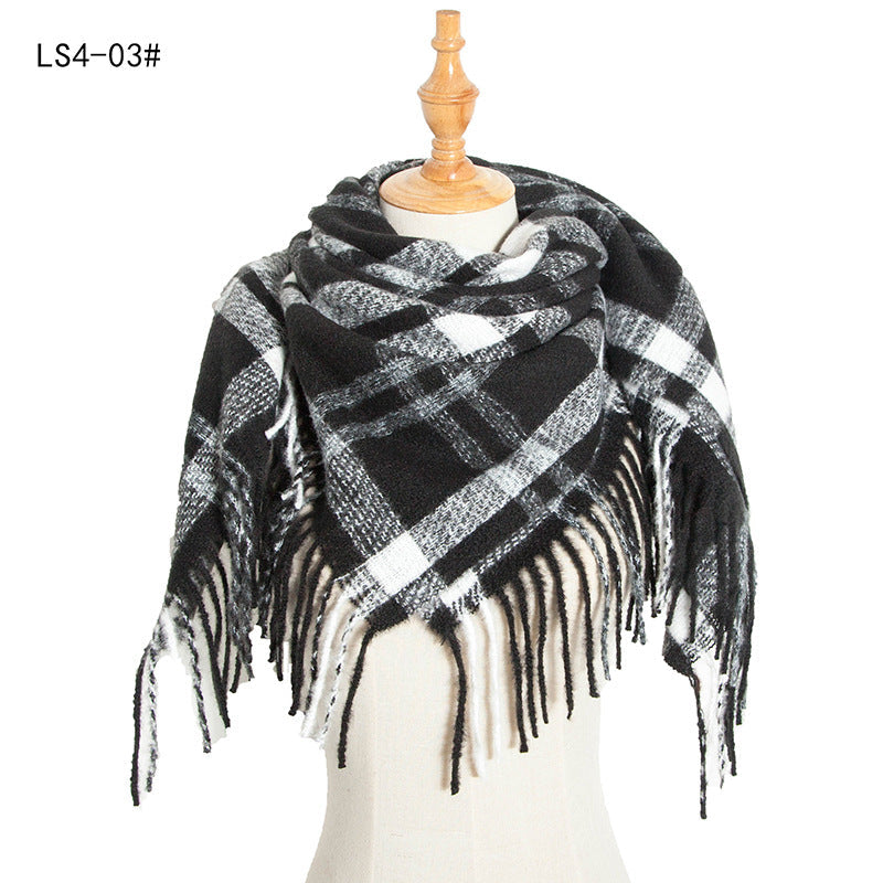 Winter Color Block Striped Tassel Square Scarf