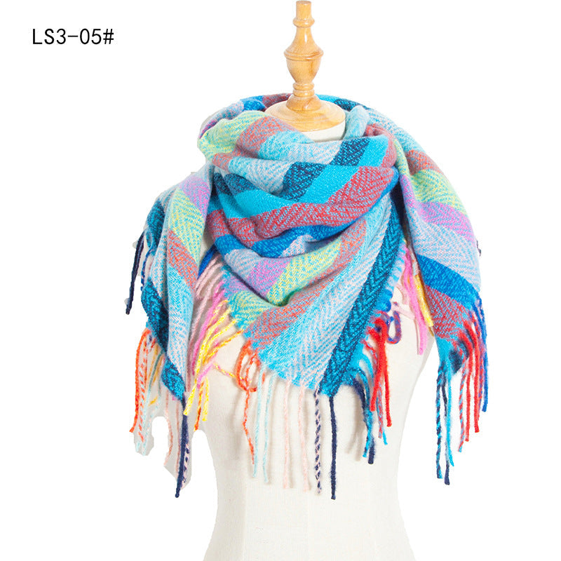 Winter Color Block Striped Tassel Square Scarf