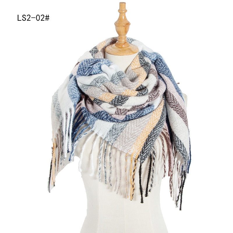 Winter Color Block Striped Tassel Square Scarf