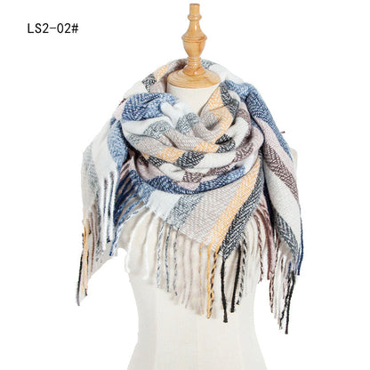 Winter Color Block Striped Tassel Square Scarf