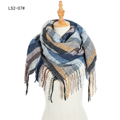 Winter Color Block Striped Tassel Square Scarf