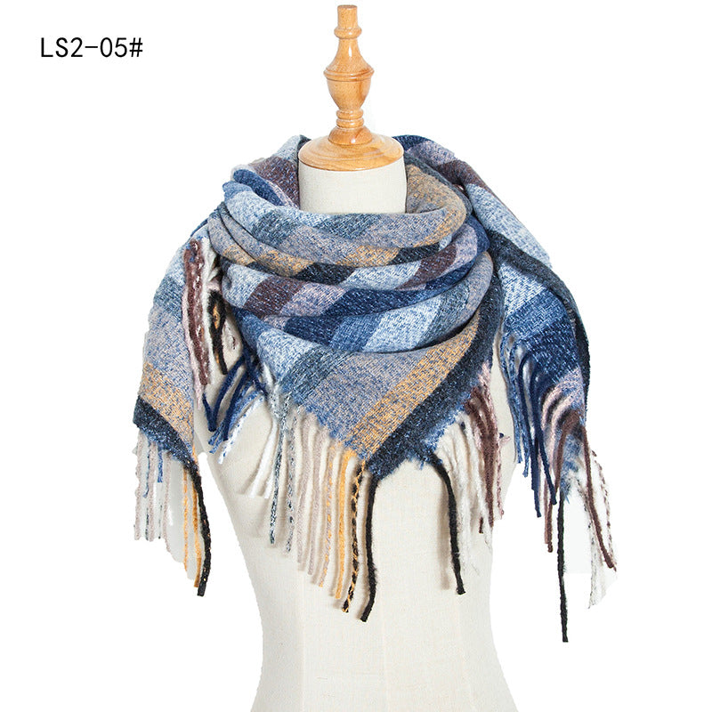 Winter Color Block Striped Tassel Square Scarf