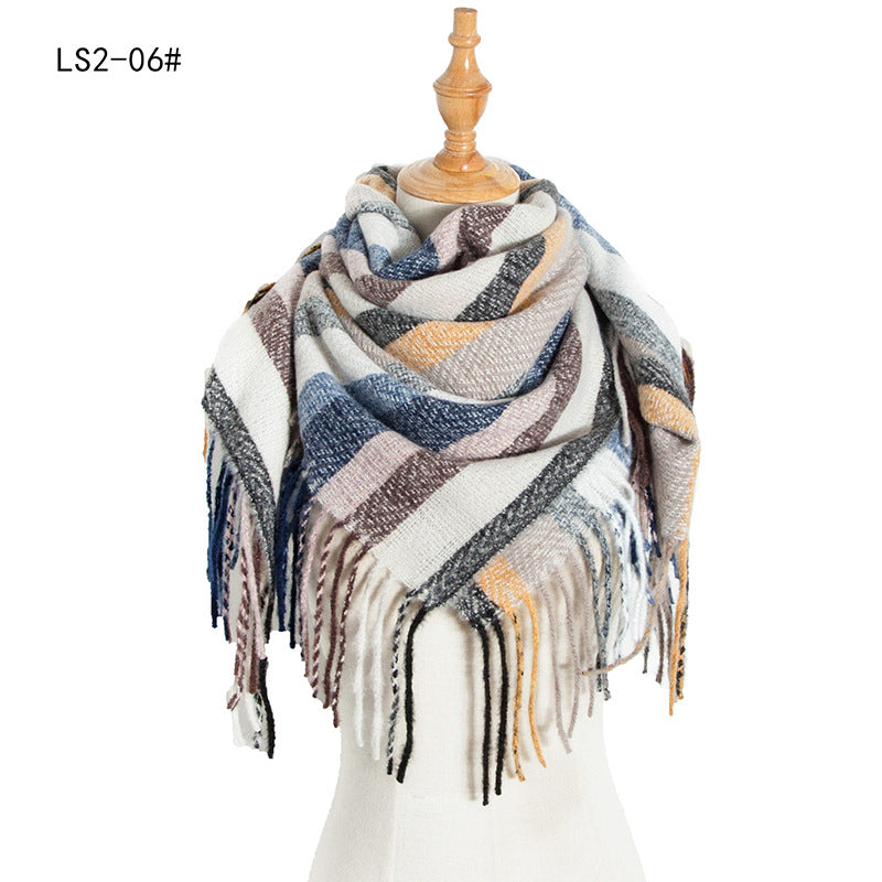 Winter Color Block Striped Tassel Square Scarf