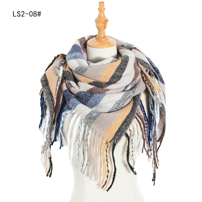 Winter Color Block Striped Tassel Square Scarf