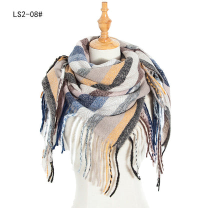 Winter Color Block Striped Tassel Square Scarf