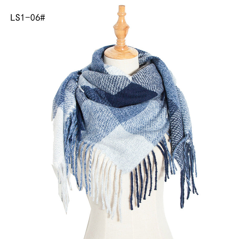 Winter Color Block Striped Tassel Square Scarf