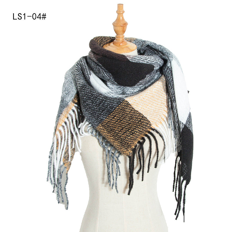 Winter Color Block Striped Tassel Square Scarf