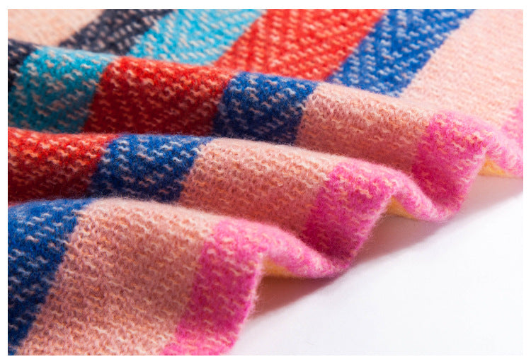 Winter Color Block Striped Tassel Square Scarf