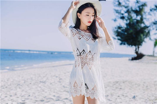 Cutout Sexy Beach Bikini Cover Shirt Long Section Of Sleeves Hollow Beach Sunscreen Shirt Cover Up