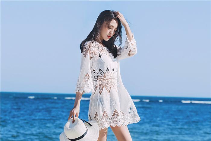 Cutout Sexy Beach Bikini Cover Shirt Long Section Of Sleeves Hollow Beach Sunscreen Shirt Cover Up