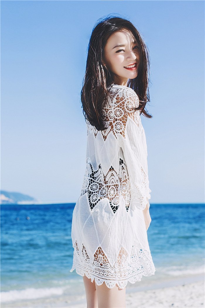 Cutout Sexy Beach Bikini Cover Shirt Long Section Of Sleeves Hollow Beach Sunscreen Shirt Cover Up