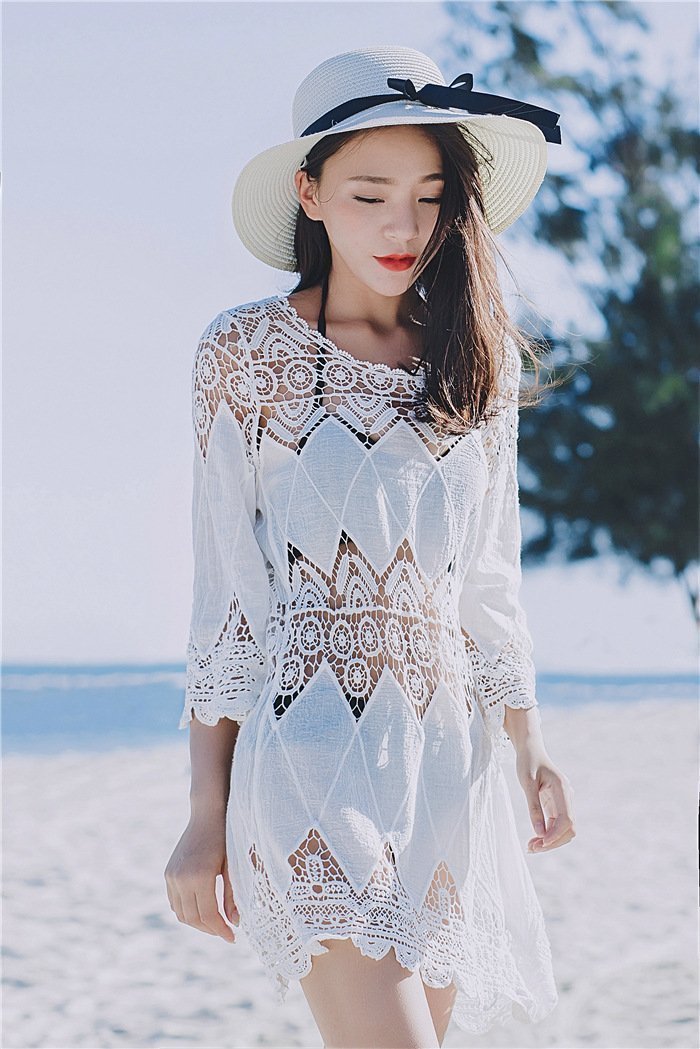 Cutout Sexy Beach Bikini Cover Shirt Long Section Of Sleeves Hollow Beach Sunscreen Shirt Cover Up