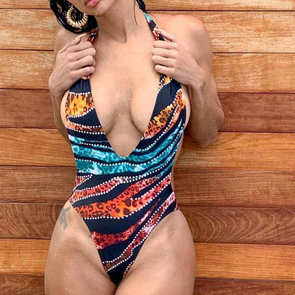 Sexy Leopard Print Bikini One-Piece Swimsuit Deep V Strap Female