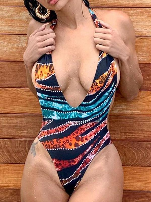 Sexy Leopard Print Bikini One-Piece Swimsuit Deep V Strap Female