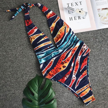 Sexy Leopard Print Bikini One-Piece Swimsuit Deep V Strap Female