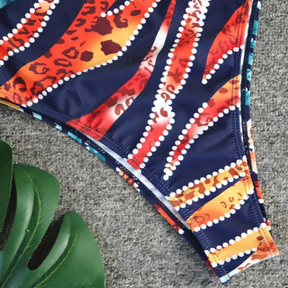 Sexy Leopard Print Bikini One-Piece Swimsuit Deep V Strap Female