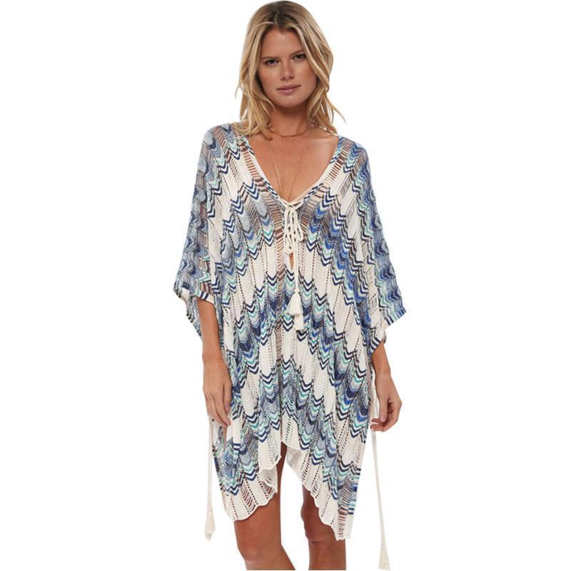 Boho Knit Beach Blouse Hollow Color Matching Swimsuit Holiday Sun Protection Clothing Dresss