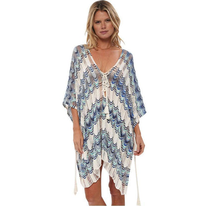 Boho Knit Beach Blouse Hollow Color Matching Swimsuit Holiday Sun Protection Clothing Dresss