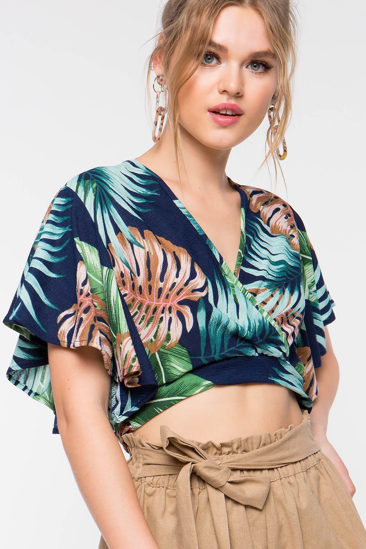 Short-Sleeved Bamboo Leaf Print Waist Tie Short Shirt Top