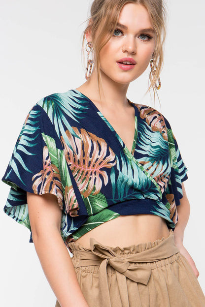 Short-Sleeved Bamboo Leaf Print Waist Tie Short Shirt Top