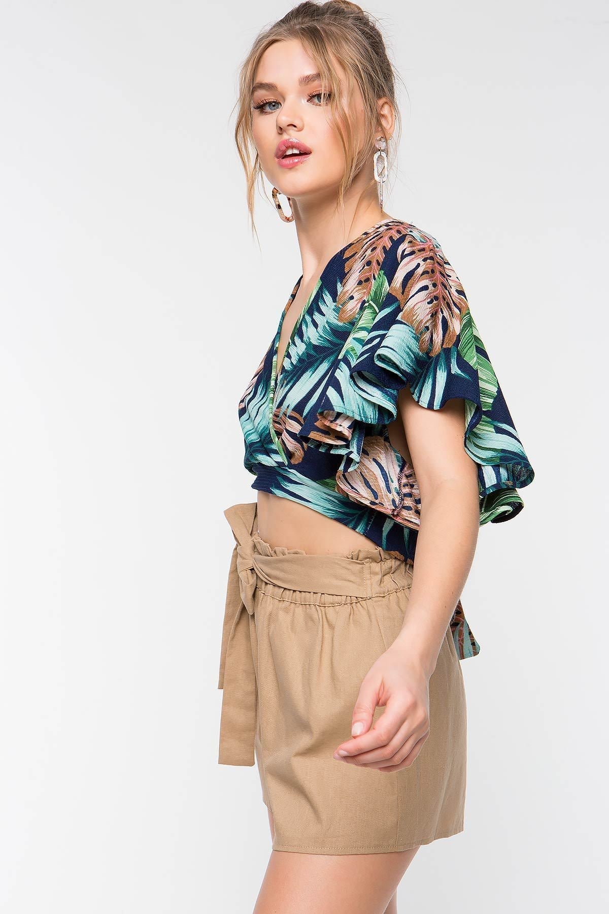 Short-Sleeved Bamboo Leaf Print Waist Tie Short Shirt Top