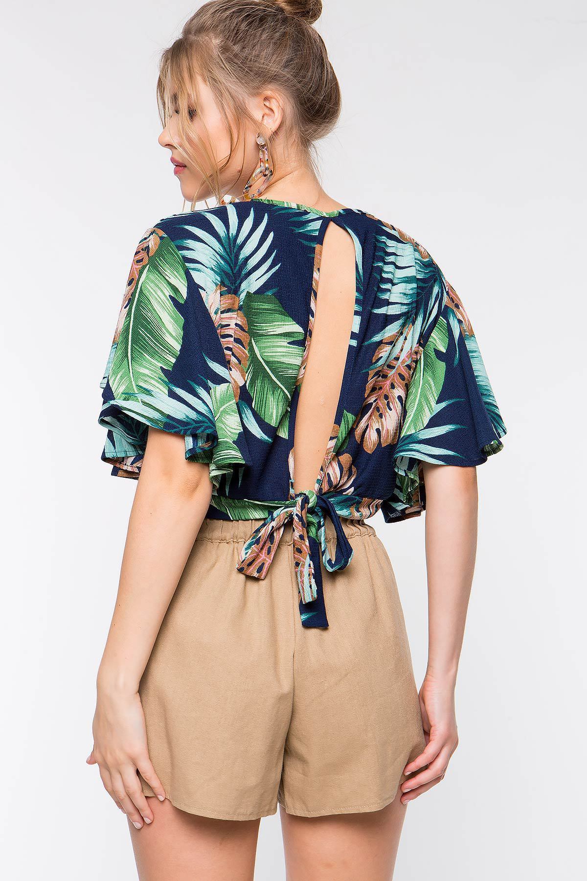 Short-Sleeved Bamboo Leaf Print Waist Tie Short Shirt Top