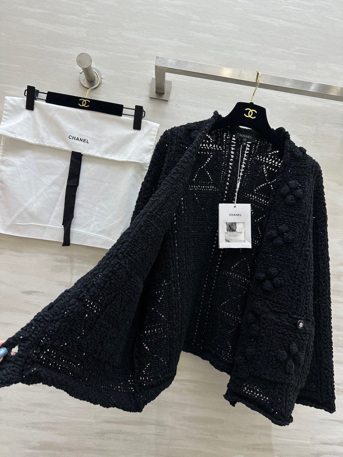 CC Openwork Crochet Knit Cardigan Black Cotton 346493