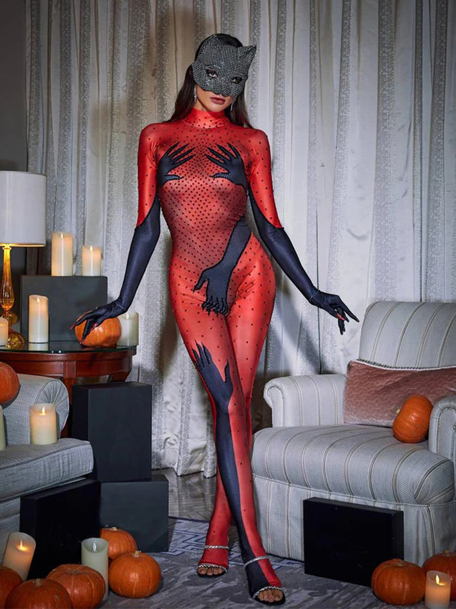 Esau Hands Printed Rhinestone Gloves Jumpsuit In Red