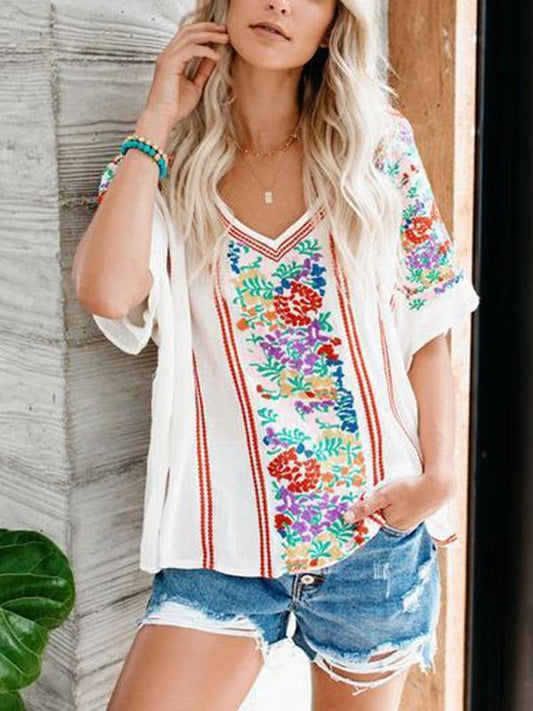 Casual V-Neck Chiffon Print Short Sleeve Shirt