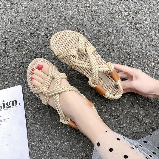 Beach Sandals Female Summer Retro Casual Simple Flat Open Toe Hemp Rope Woven Shoes