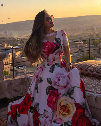 Printed Large Beaded Stitching Short-Sleeved Long Dress