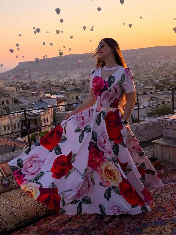 Printed Large Beaded Stitching Short-Sleeved Long Dress