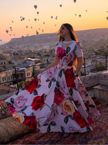 Printed Large Beaded Stitching Short-Sleeved Long Dress