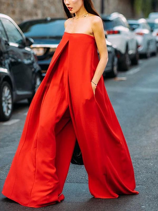 One-Word Flat Shoulder Red Big Loose Jumpsuit